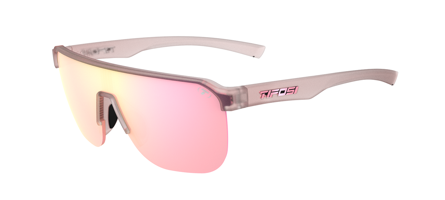 Tifosi Sanctum SL Frosted Rose Pink Mirror sunglasses, three-quarter view, on white background