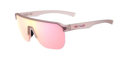Tifosi Sanctum SL Frosted Rose Pink Mirror sunglasses, three-quarter view, on white background