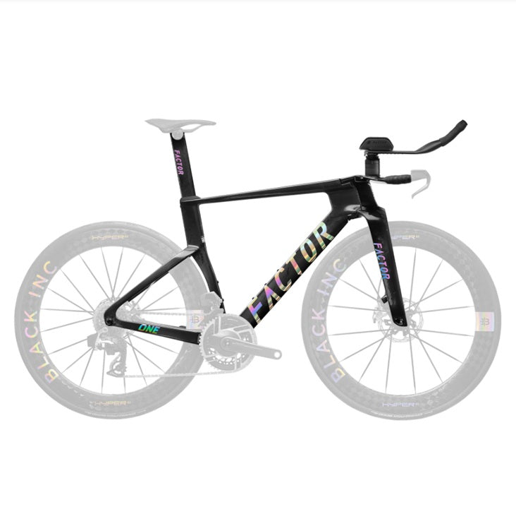 Factor ONE SP Premium Package carbon triathlon bike frameset in Black/Chrome with ONE SP aerobars