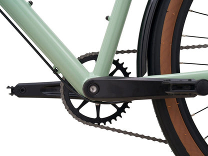 kona dew dl aluminum hybrid bike light green close up view crank arm non drive side