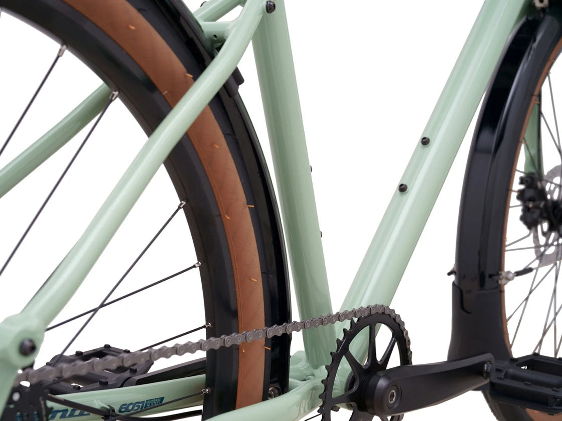 kona dew dl aluminum hybrid bike light green close up view down tube and seat tube