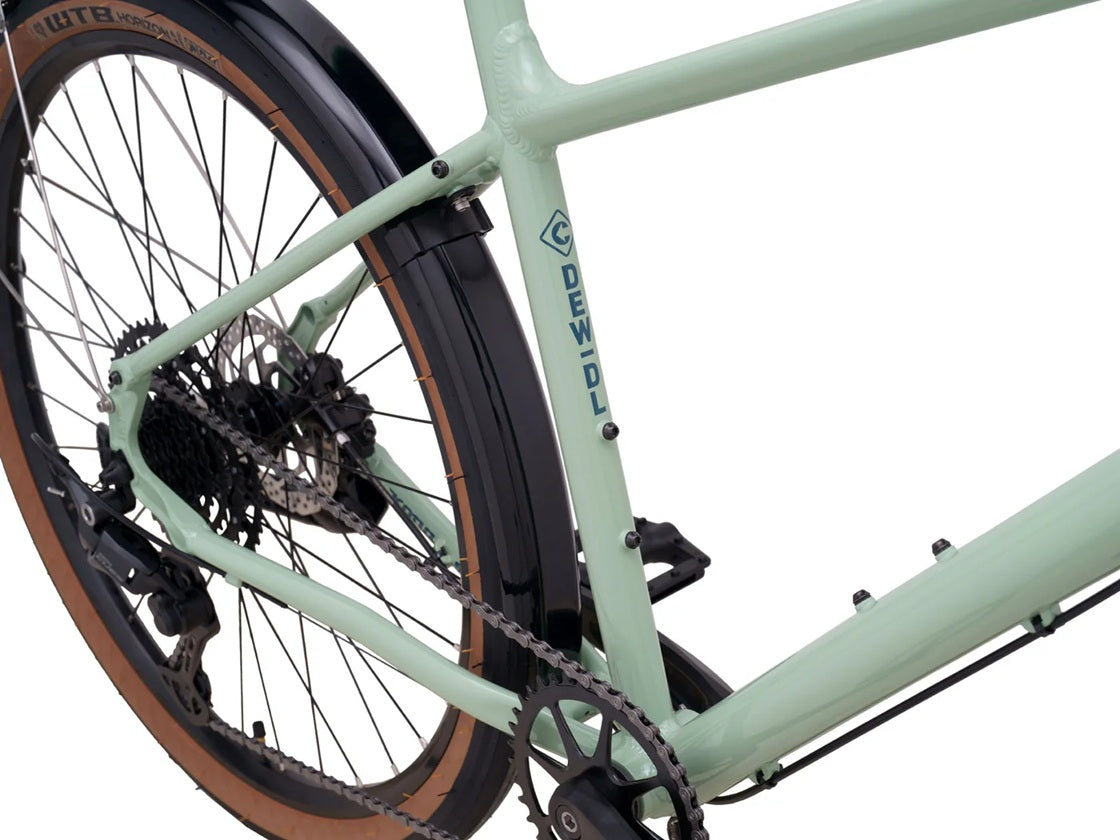 kona dew dl aluminum hybrid bike light green close up view right side downtube and seat tube