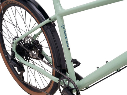kona dew dl aluminum hybrid bike light green close up view right side downtube and seat tube