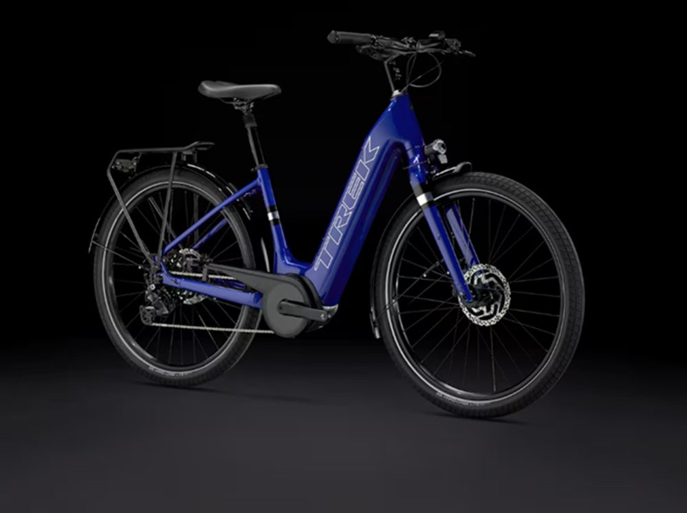 trek verve+ 3 aluminum 9 speed lowstep active e-bike right side profile view