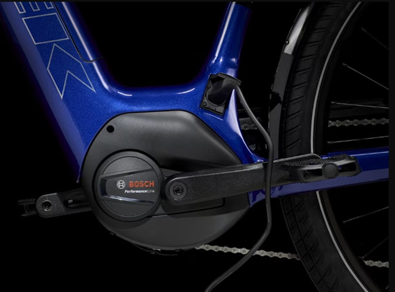 trek verve+ 3 aluminum 9 speed lowstep active e-bike close-up ON BOSCH drive left side