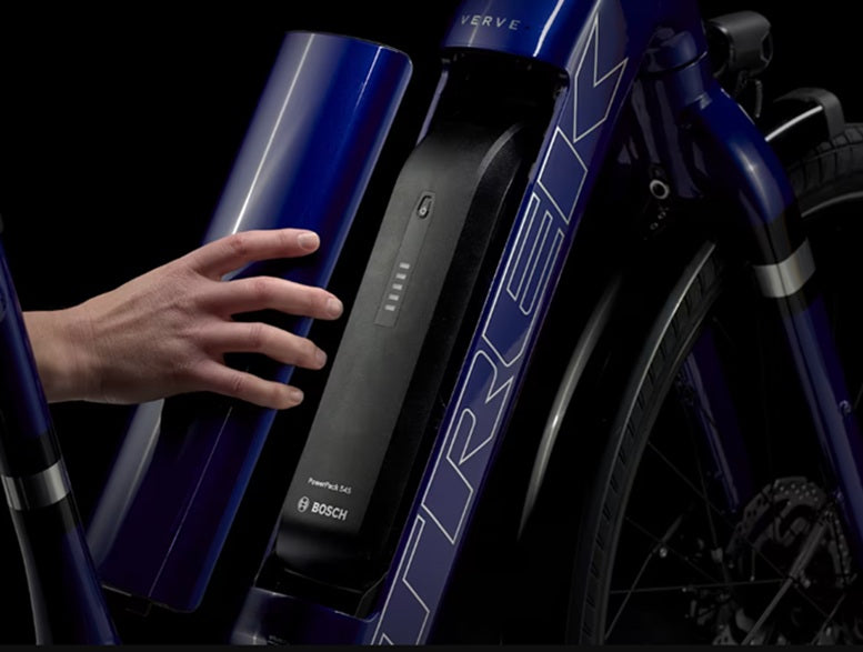 trek verve+ 3 aluminum 9 speed lowstep active e-bike close-up downtube and bosch battery