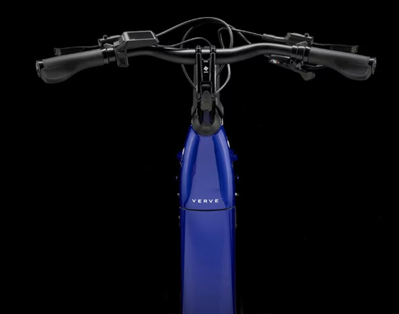 trek verve+ 3 aluminum 9 speed lowstep active e-bike close-up on rear view of bike and handlebars