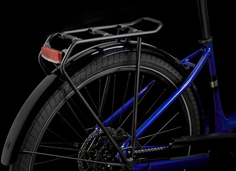 trek verve+ 3 aluminum 9 speed lowstep active e-bike close-up on rear wheel fender and rack
