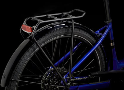 trek verve+ 3 aluminum 9 speed lowstep active e-bike close-up on rear wheel fender and rack