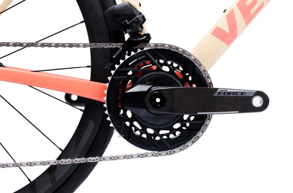 ventum nsa v3 carbon force axs 12 speed road bike limoncello diagonal right side close up on crankset