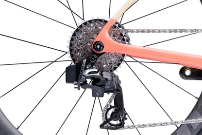 ventum nsa v3 carbon force axs 12 speed road bike limoncello close up on cassette and rear derailleur