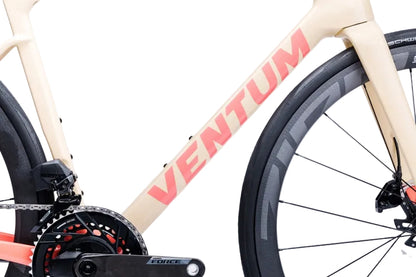 ventum nsa v3 carbon force axs 12 speed road bike limoncello right side crankset and downtube close up
